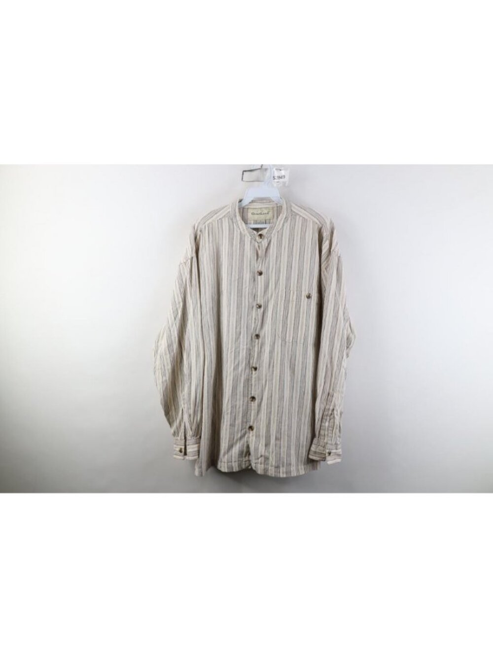 Vtg 90s Streetwear Mens Large Striped Flannel Band Collar Button Shirt Cotton